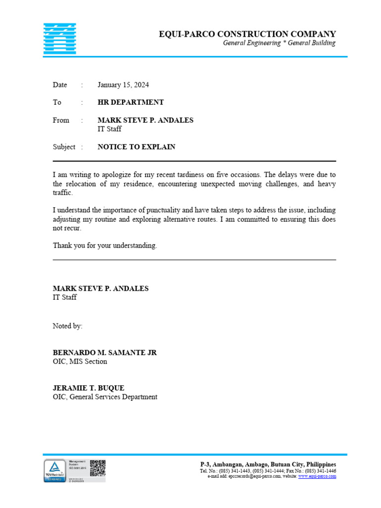 Apology for Tardiness Notice | PDF