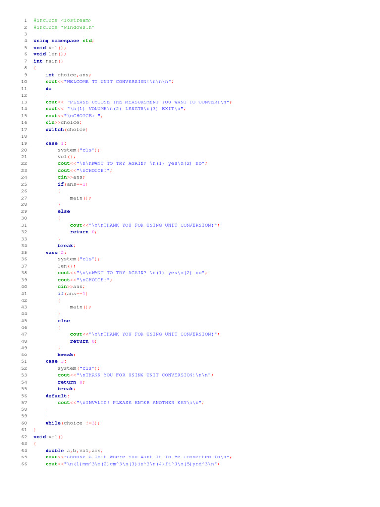 CODE BLOCK UNIT CONVERSION | PDF | Computer Programming | C++