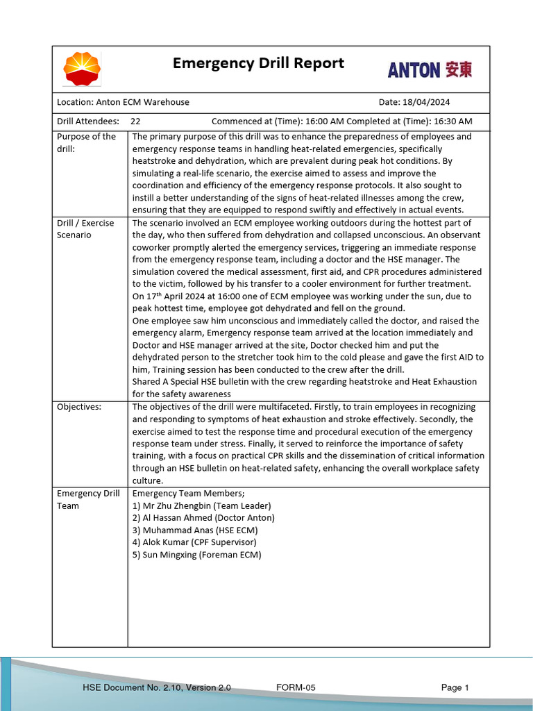 First AID and CPR Emergency Drill Report Anton ECM 17-04-2024 | PDF ...