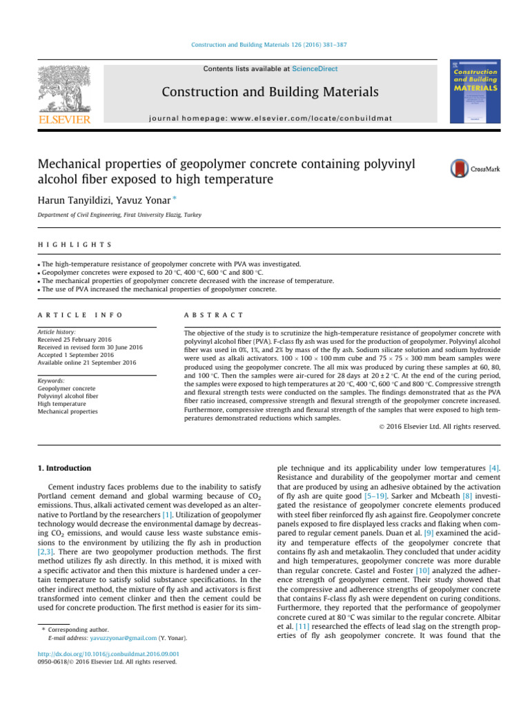 Geopolymer Concrete with PVA Fiber at High Temperatures | PDF ...
