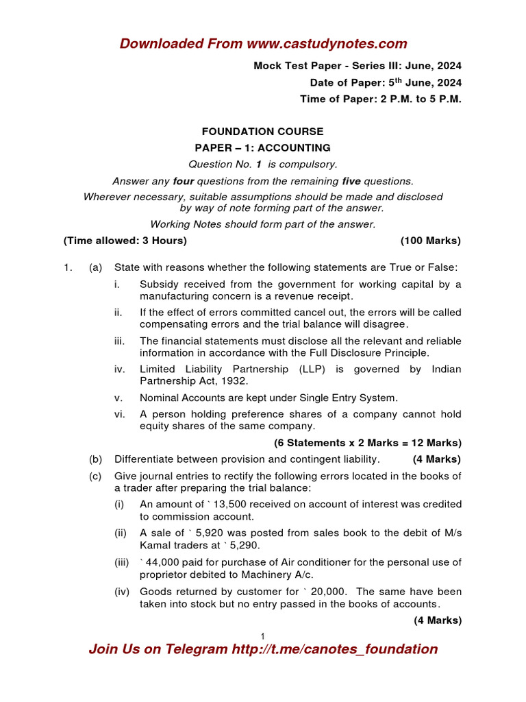 CA Foundation Accounts Q MTP 3 June 2024 Castudynotes Com | PDF ...