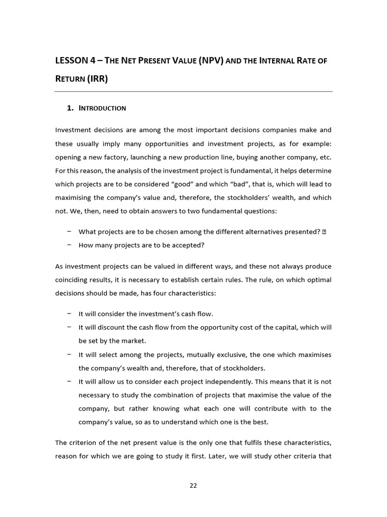 Lesson 4 - Notes - The NPV and The IRR | PDF | Net Present Value ...