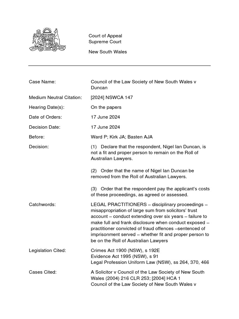 NSW Lawyer Disbarment for Fraud | PDF | Lawyer | Solicitor