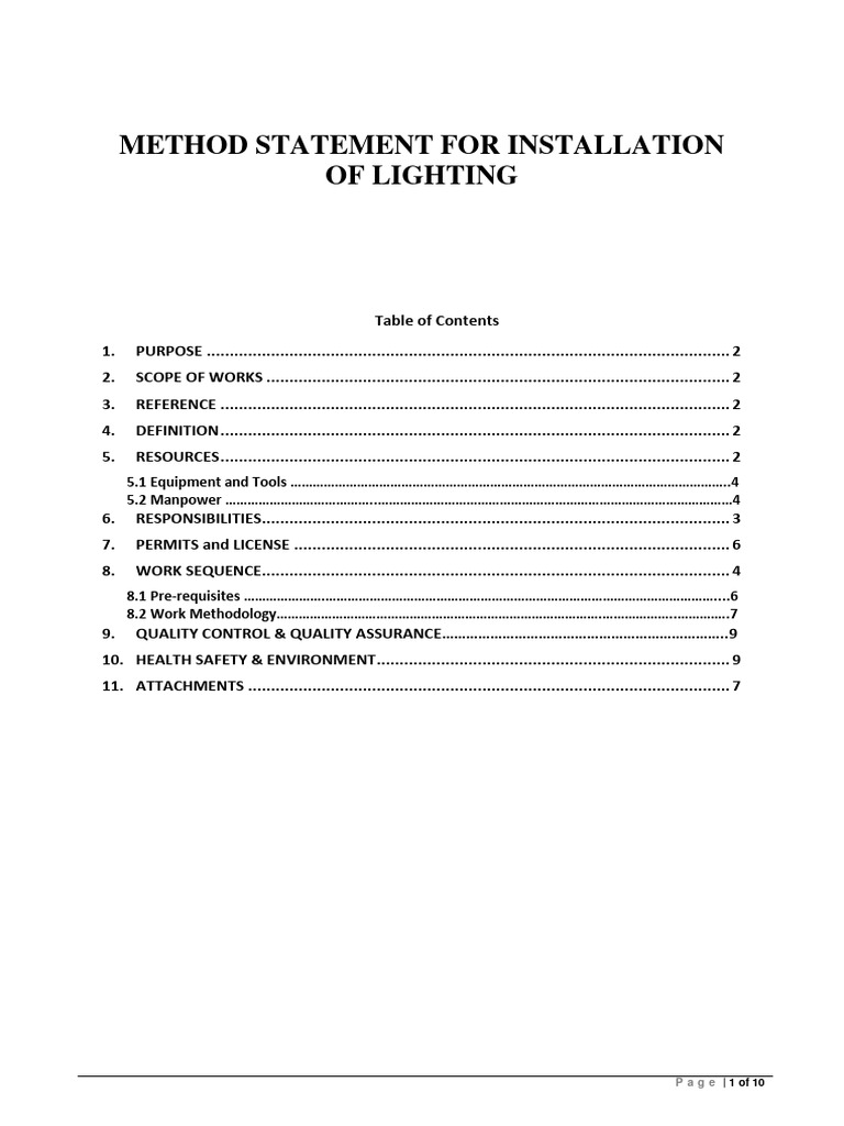 Method Statement for Lighting Installation | PDF | Electrical Wiring ...