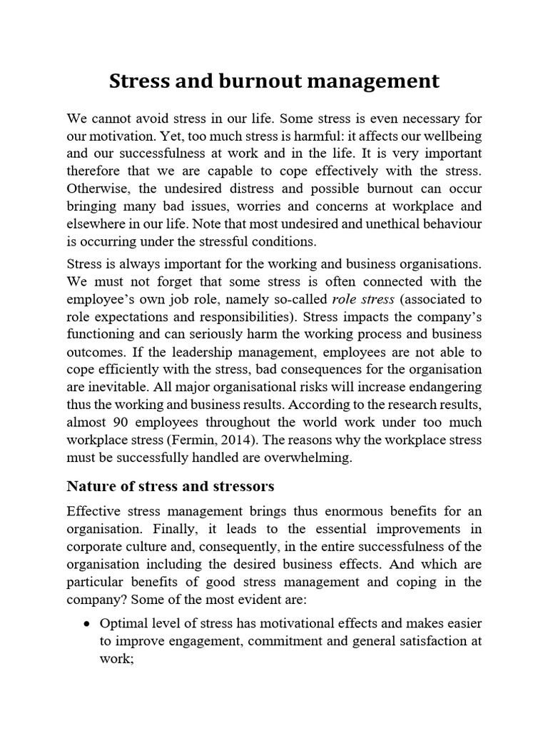 Stress And Burnout Management Pdf Stress Biology Occupational
