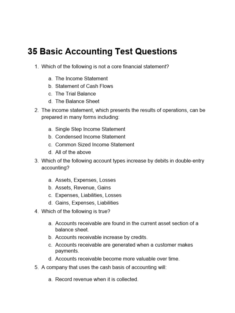 35 Basic Accounting Test Questions | PDF | Debits And Credits | Expense
