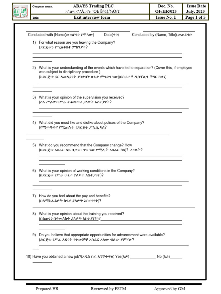 23 OF-HR-023 Exit Interview Form | PDF | Social Psychology | Applied ...