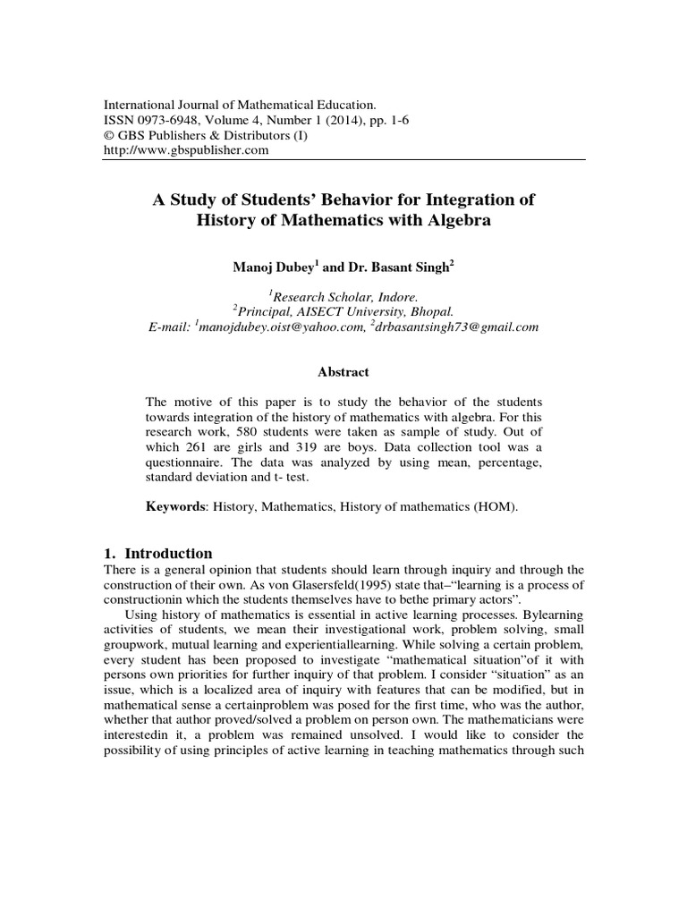 A Study of Students' Behavior For Integration of History of Mathematics ...