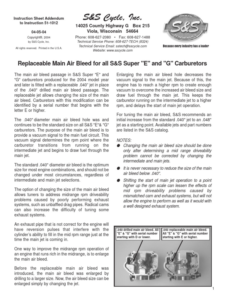 S&S Carb Main Air Bleed PDF Carburetor Rotating Machines