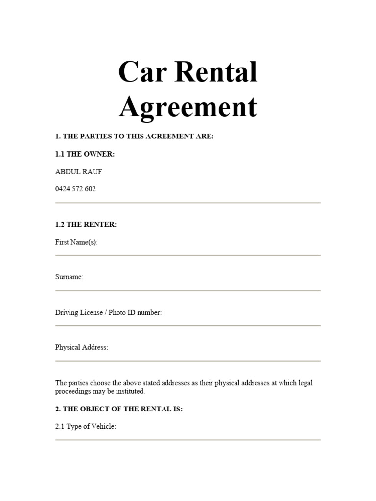 Car Rental Agreement Template | PDF | Renting | Car Rental