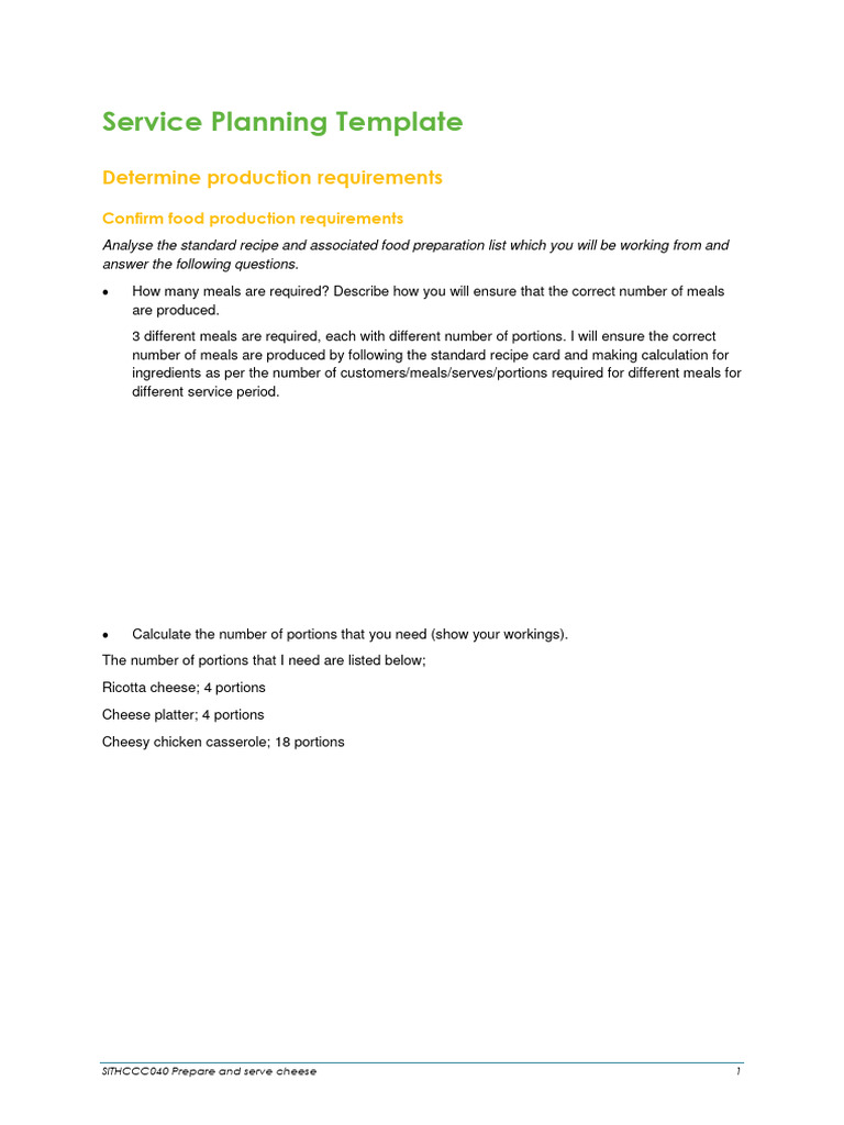 SITHCCC040 Service Planning Template .Cheese | PDF | Spoon | Cheese