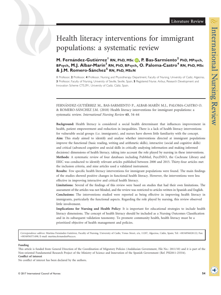 Health Literacy Interventions for Immigrants | PDF | Systematic Review ...