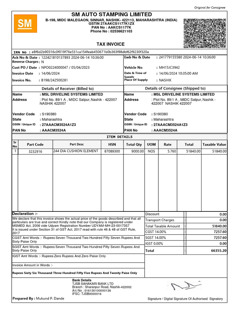 SM Auto Stamping Limited: Tax Invoice | PDF | Invoice | Taxation