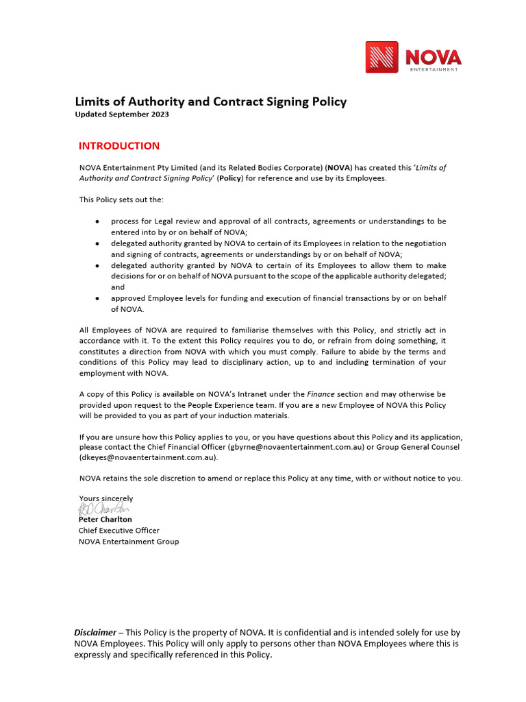 NOVA Contract Signing Authority Policy | PDF | Employment | Expense