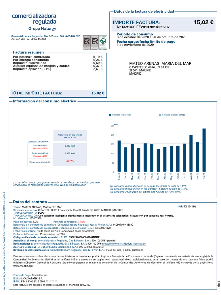Factura de Electricidad: Resumen y Detalles | PDF | Mercado (economía ...