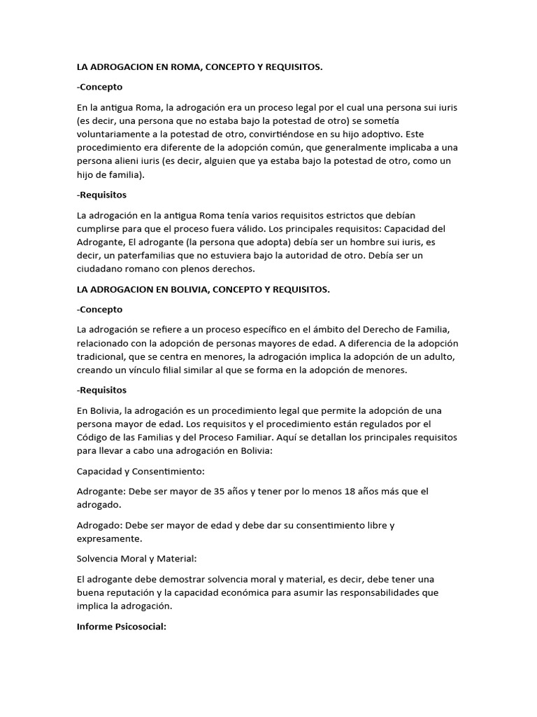 Adrogación: Concepto y Requisitos en Roma y Bolivia | PDF | Adopción ...