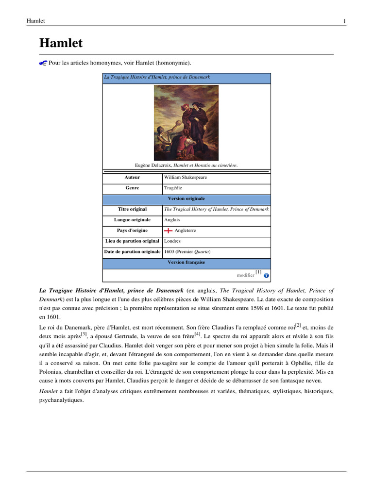 Histoire d'Hamlet, prince de Danemark | PDF | Hamlet