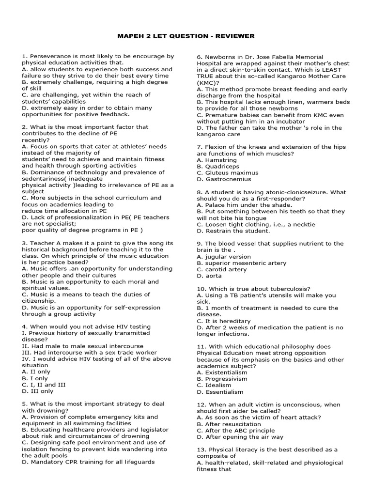 Mapeh 2 Let Question - Reviewer | PDF | Rabies | Medical Specialties