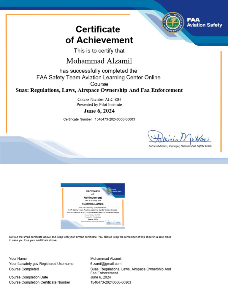 FAA Safety Course Completion Certificate | PDF