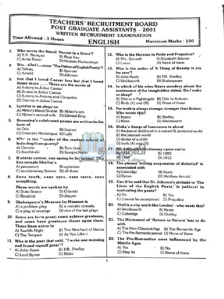 PG TRB English Previous Year Papers | PDF | English Language ...