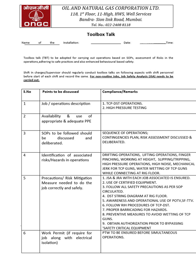 ONGC Toolbox Talk Safety Guidelines | PDF | Occupational Safety And ...