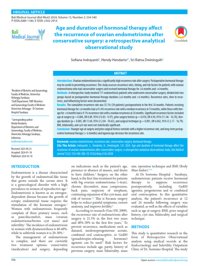Hormonal Therapy's Impact on Ovarian Endometrioma Recurrence | PDF ...