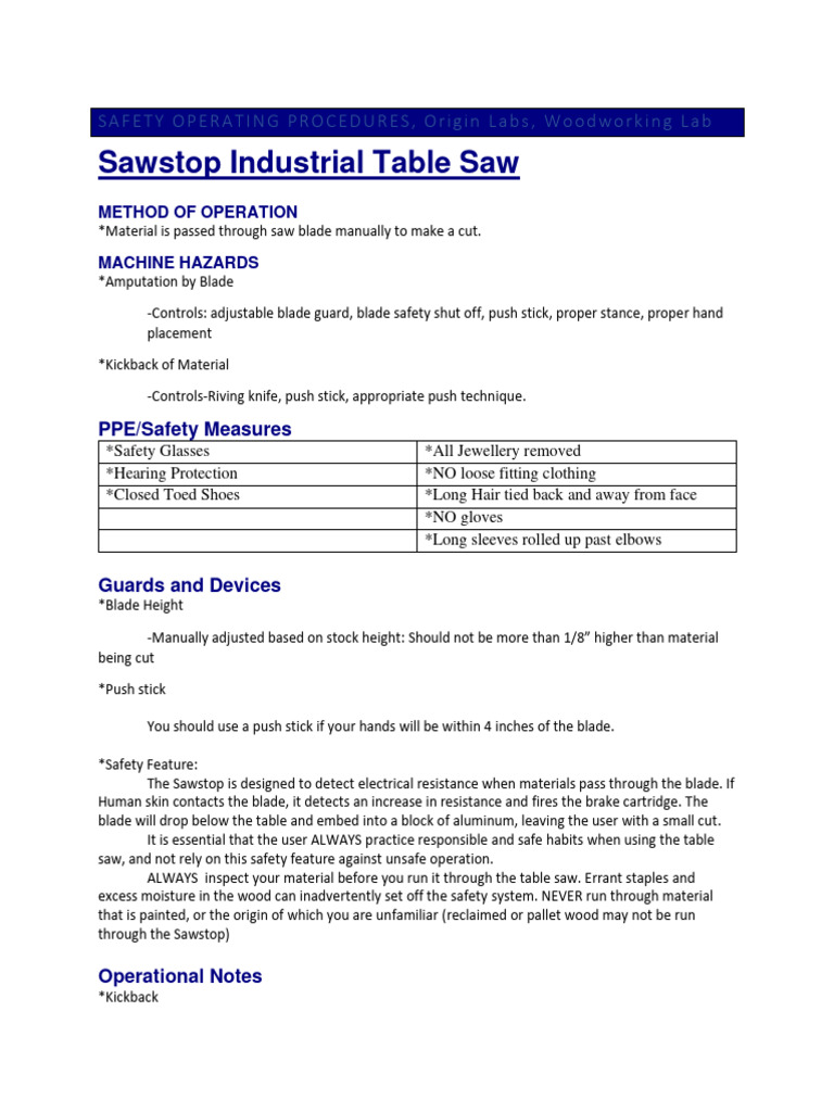Safety Operating Procedures Sawstop Table Saw Download Free PDF