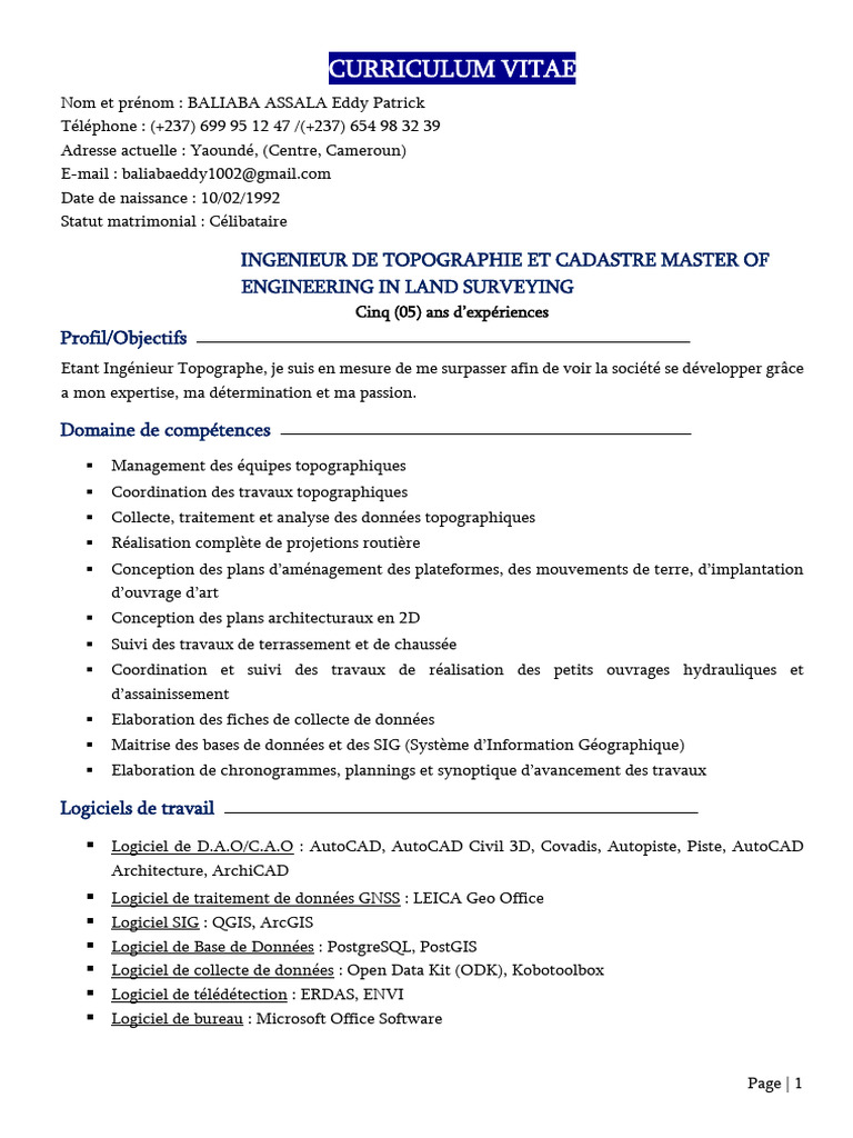 CV Ingénieur Topographe - Eddy Patrick | PDF | Topographie | Système d ...
