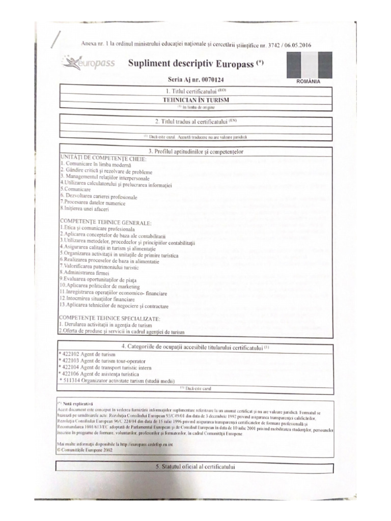 Supliment Descriptiv Europass PDF