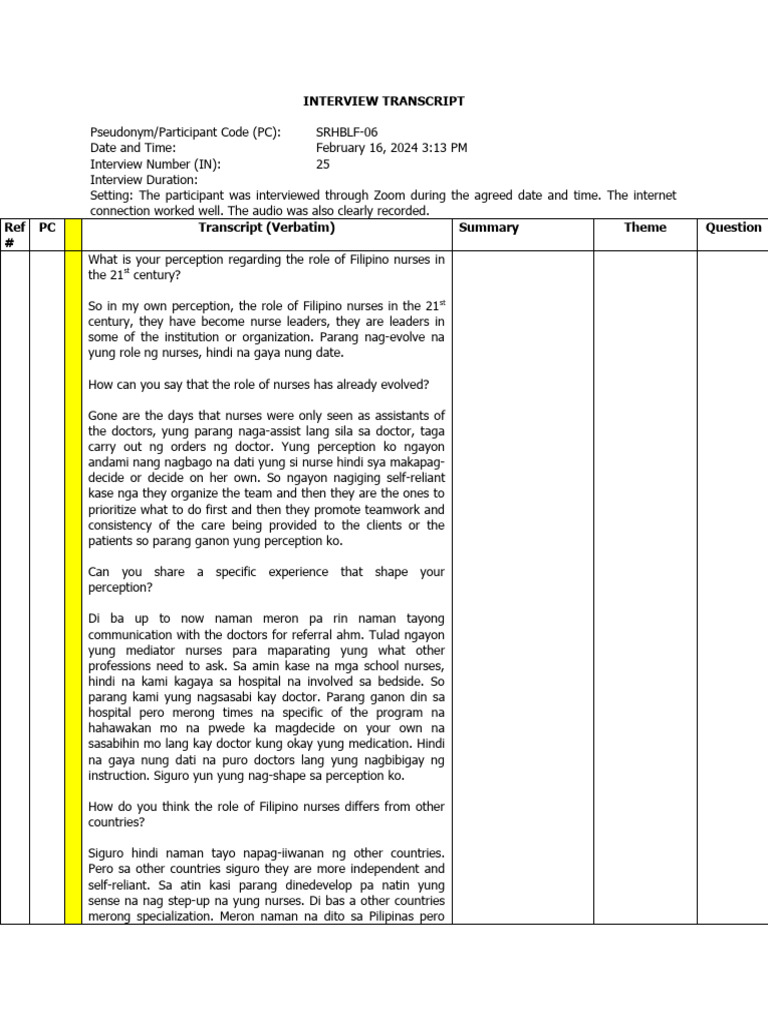 NIEVA - INTERVIEW TRANSCRIPT | PDF | Nursing | Health Care