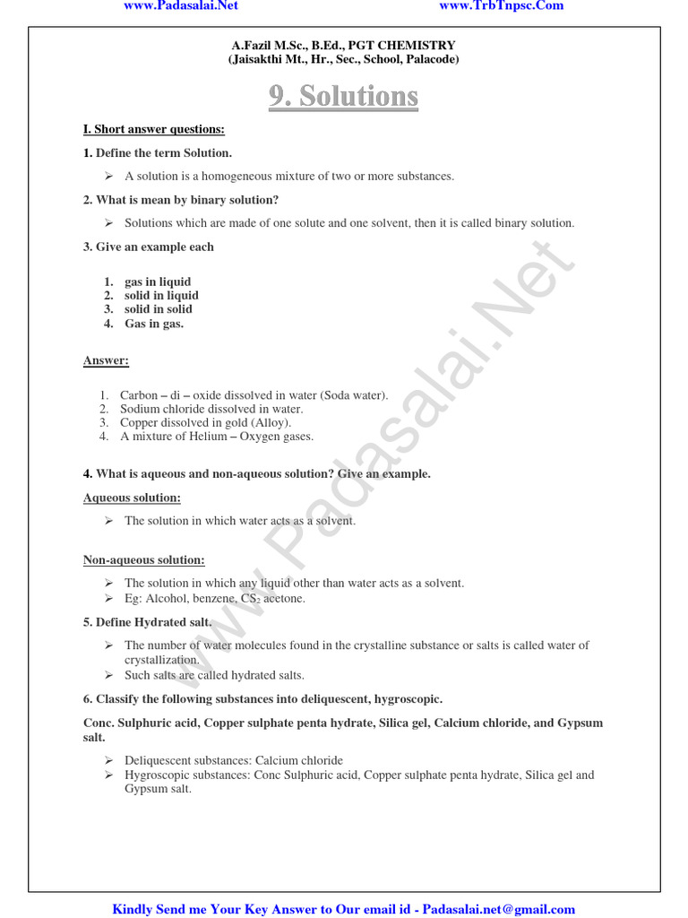 10th Chemistry Lesson 9 Solutions Study Material English Medium PDF ...