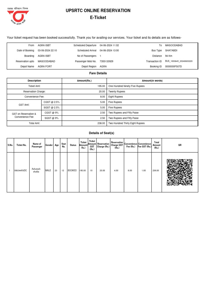 UPSRTC TICKET Download Free PDF Bus Transport