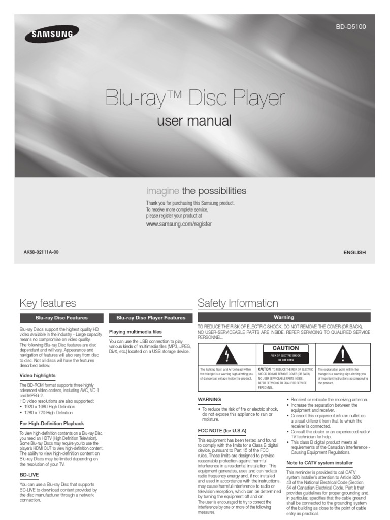 Samsung BD D5100 ZA Manual PDF Hdmi Blu Ray