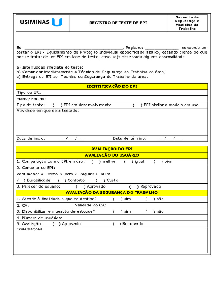 Modelo - Formulario Teste de EPI | PDF