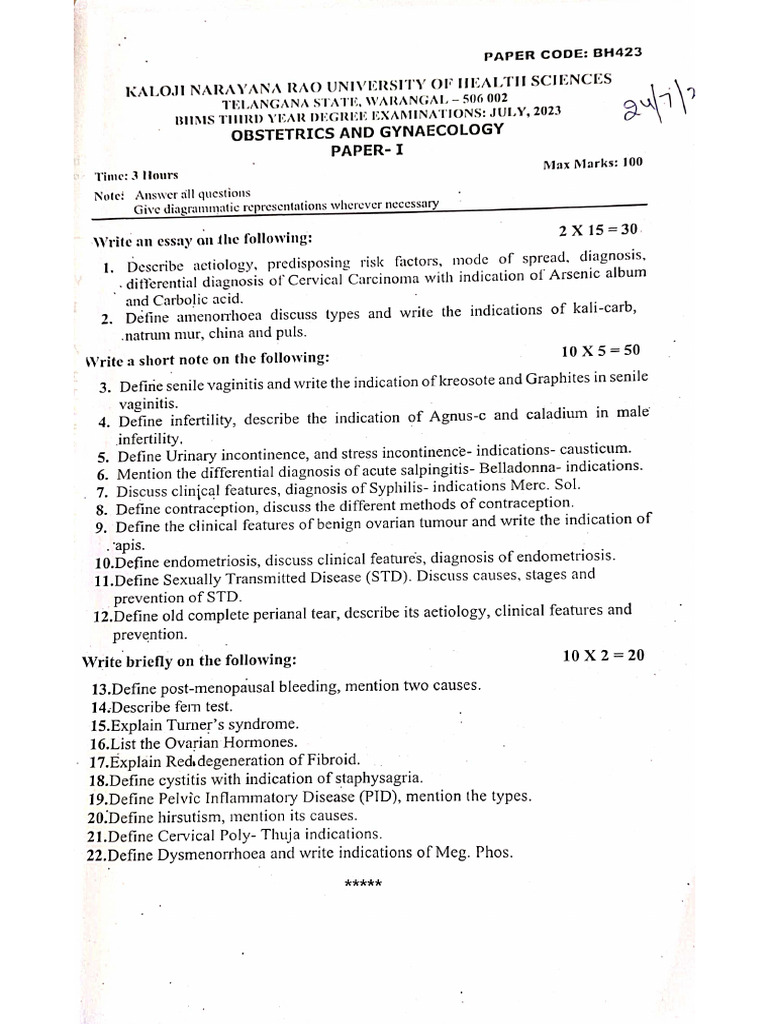 Gynae and Obs Question Papers - 1 | PDF