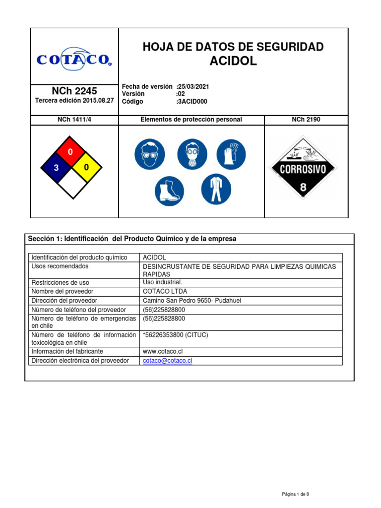 Hoja de Seguridad: Acidol SP | PDF | Corrosión | Agua