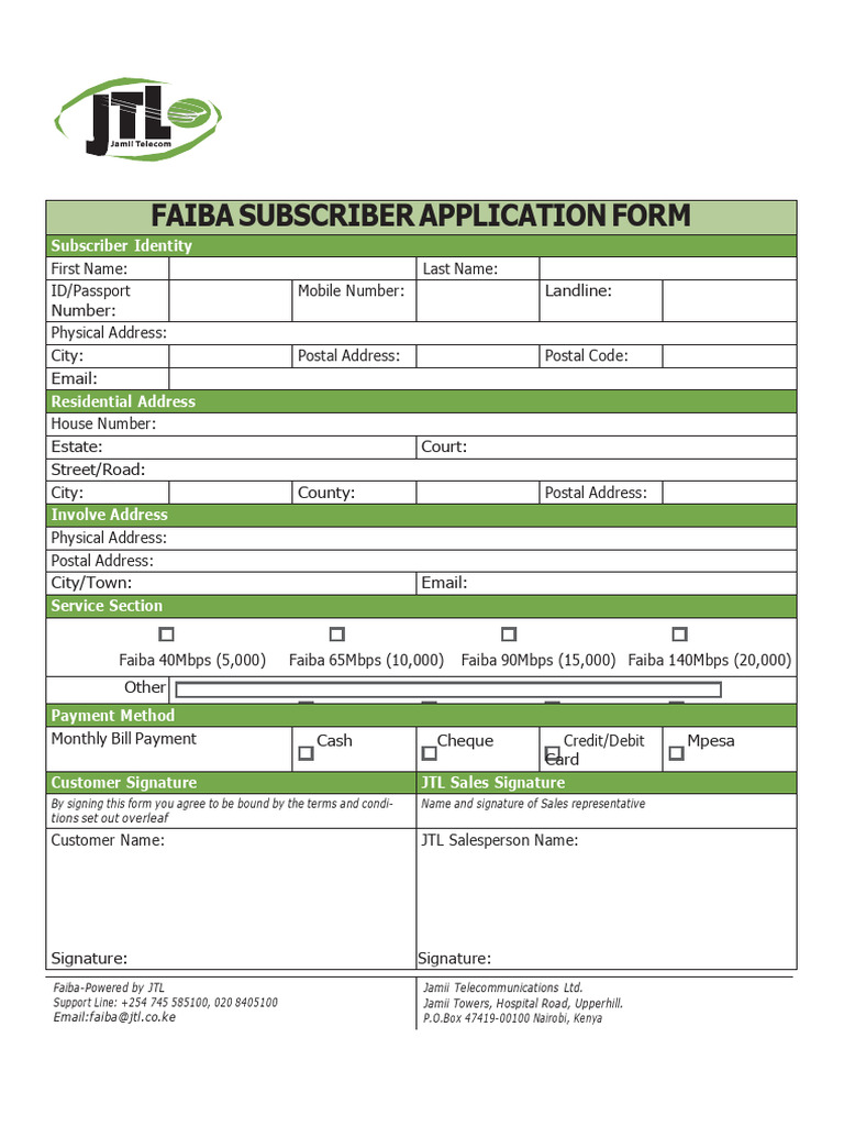 Faiba Subscriber Application Form | PDF | Indemnity | Legal Liability