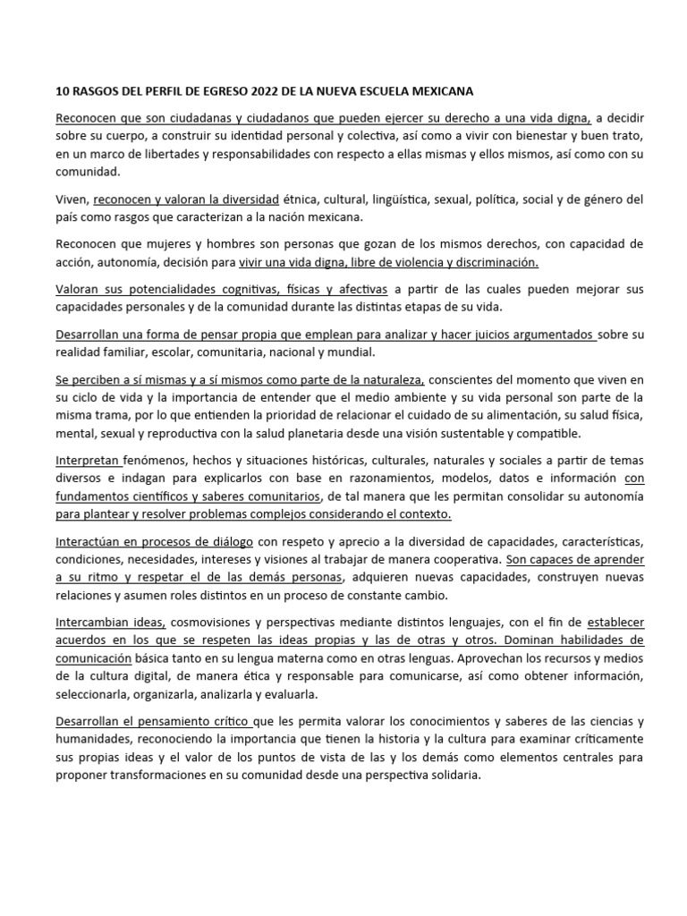 10 Rasgos del Perfil de Egreso 2022 | PDF | Derechos humanos | Pensamiento
