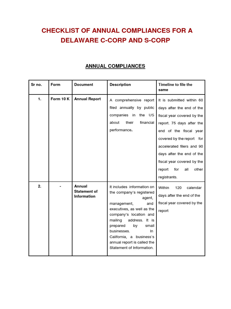 Checklist of Annual Compliances For A Delaware and California C-Corp ...