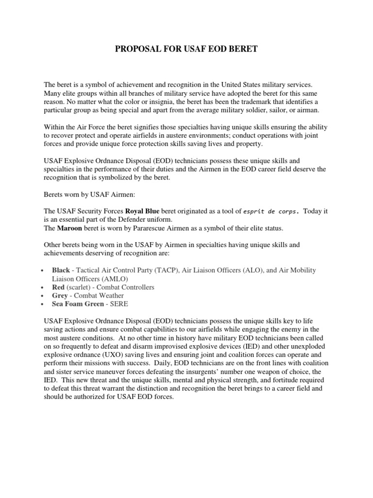 Proposal for USAF EOD Beret Recognition | PDF | Bomb Disposal | United ...