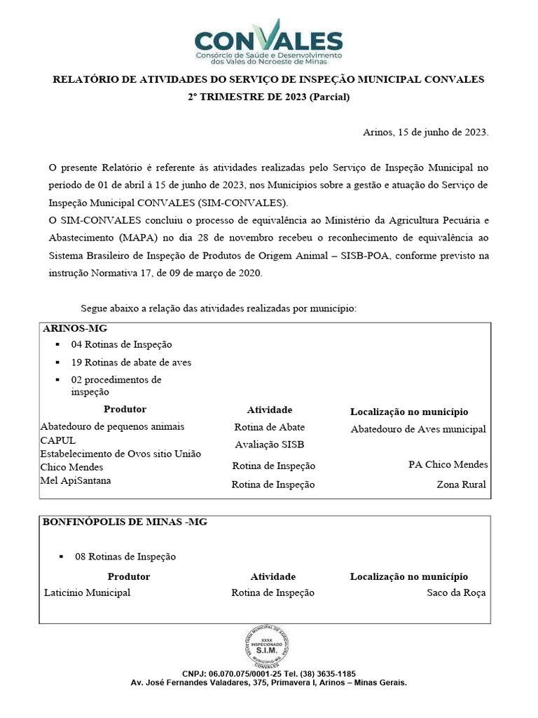 Relatório de Atividades SIM-CONVALES 2023 | PDF | Matadouro | Animais ...