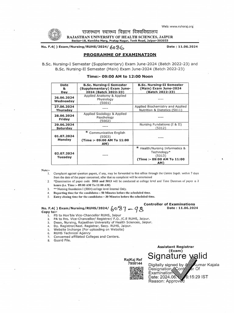 Time table of b sc nursing i semester supplementary exam june 2024