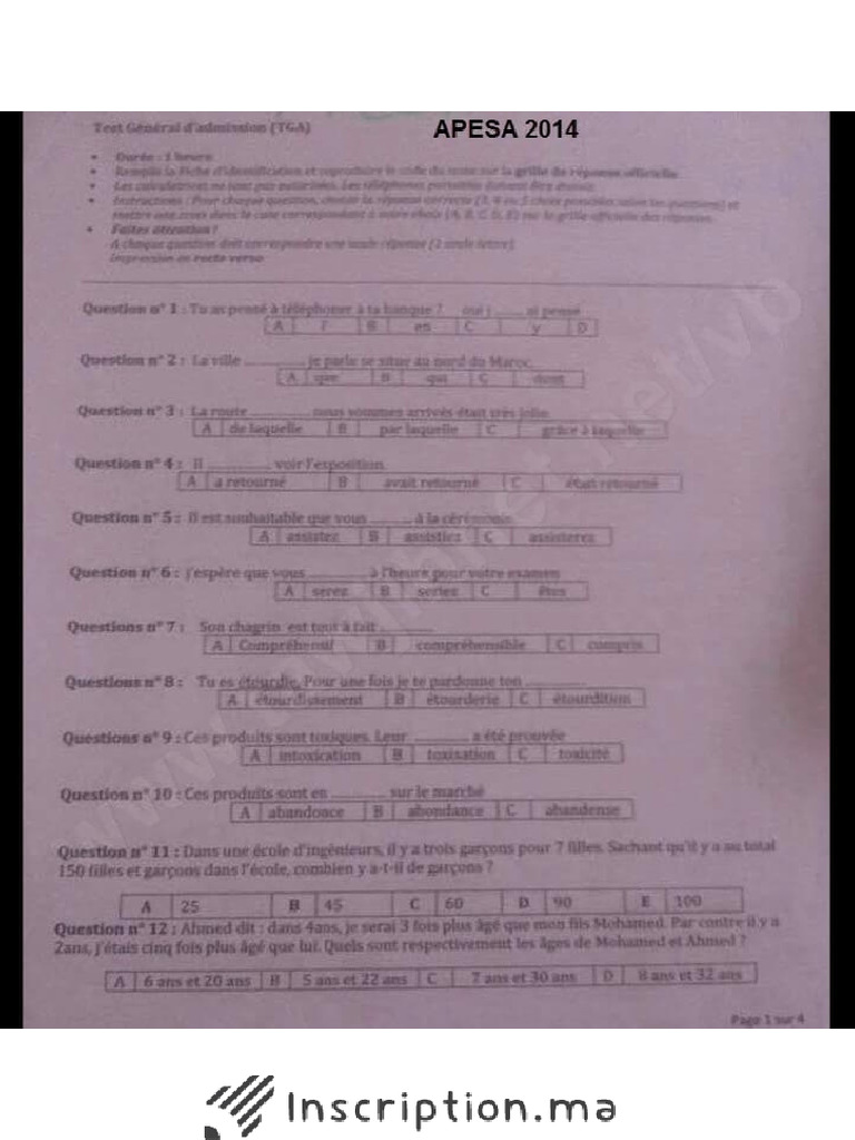 Exemple De Concours Apesa Iav 2014 Pdf