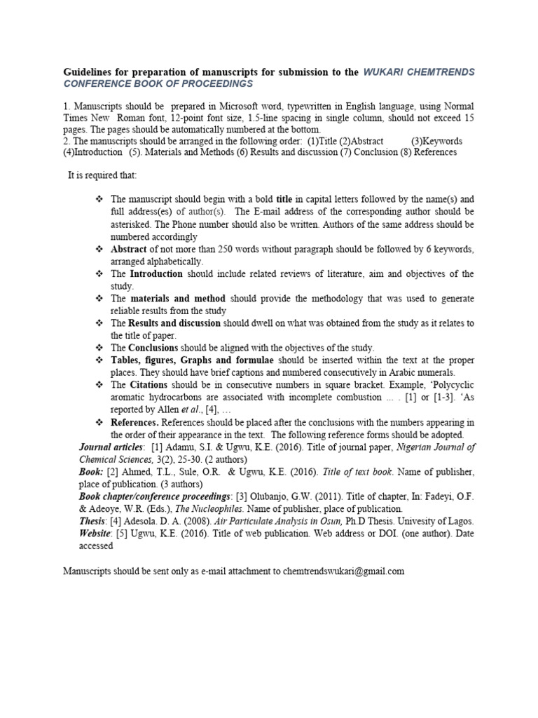 Format For Preparation Of Manuscript For Chemtrends Book Of Proceedings