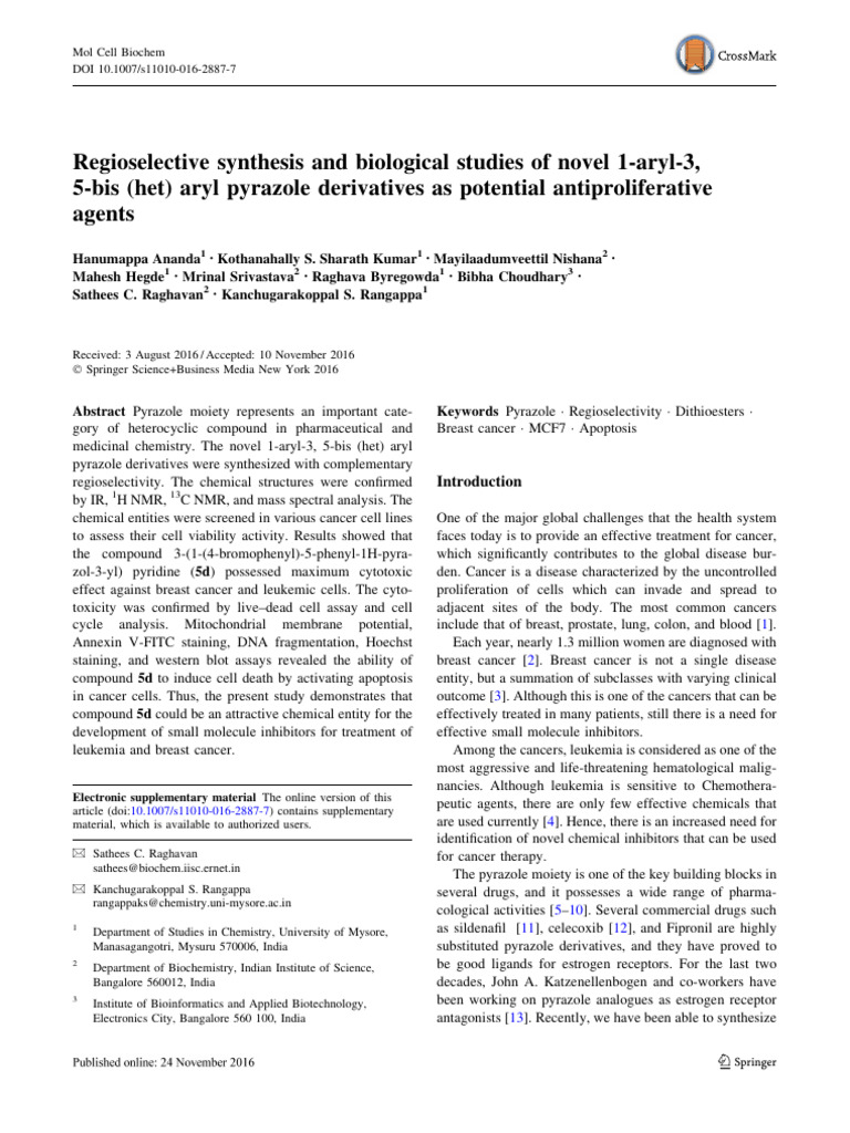 Regioselective Synthesis and Biological Studies of Novel 1-Aryl-3, 5 ...