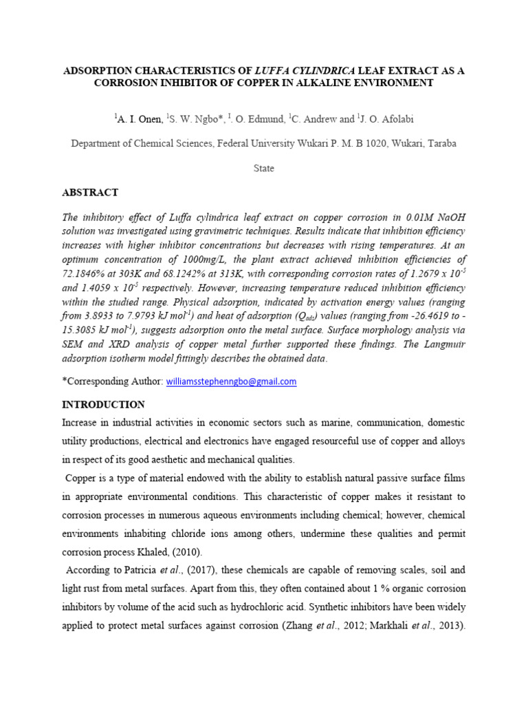 Luffa Cylindrica Extract as Copper Inhibitor | PDF | Adsorption | Corrosion