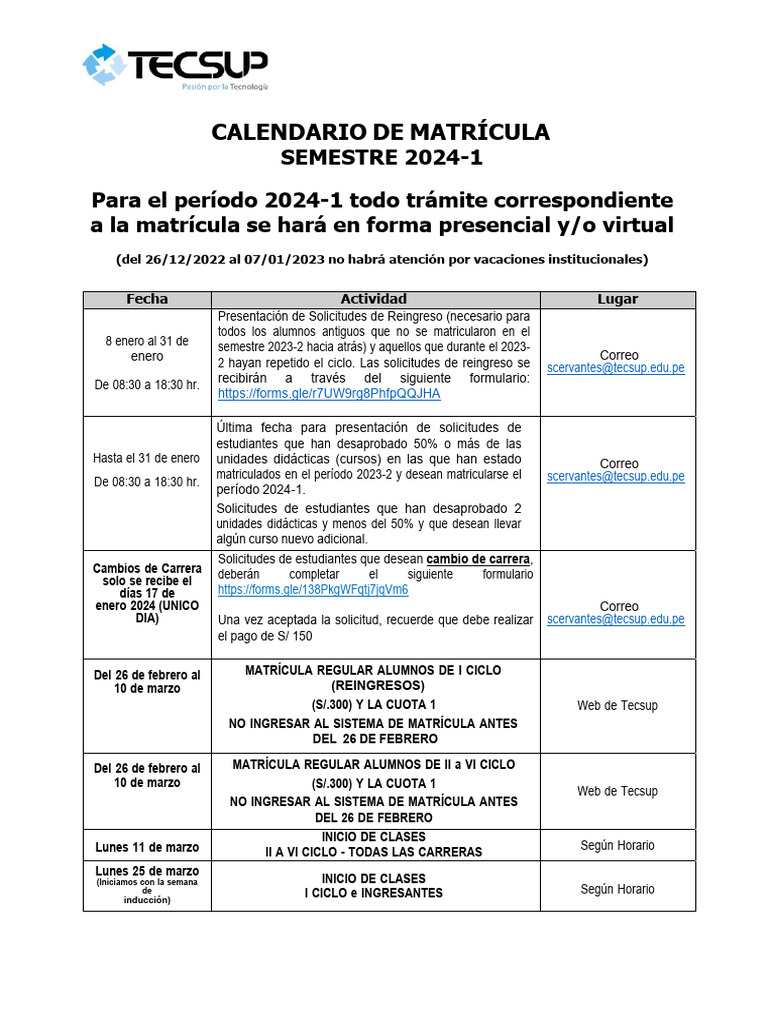 Calendario de Matrícula 2024-1 Tecsup | PDF
