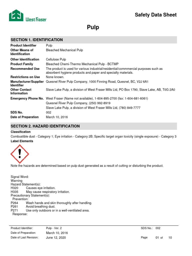Pulp SDS - BCTMP Version 2 - June 2020 | PDF | Toxicity | Safety
