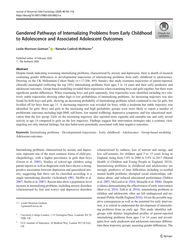 Gendered pathways of internalizing problems from early childhood to