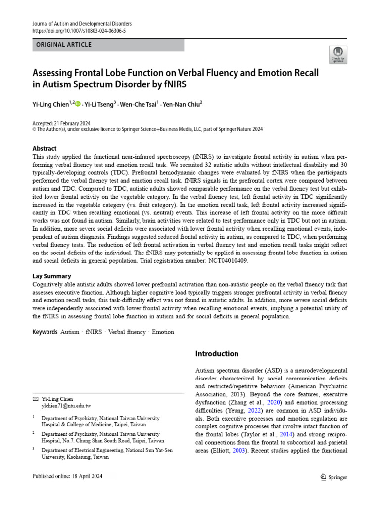 2024 - Assessing Frontal Lobe Function On Verbal Flu | PDF | Autism ...